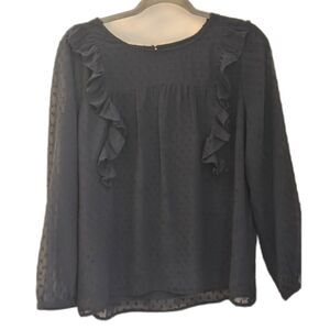 J.Crew Navy Blue Swiss Dot Ruffle Blouse Size 10 Sheer Long Sleeve Top